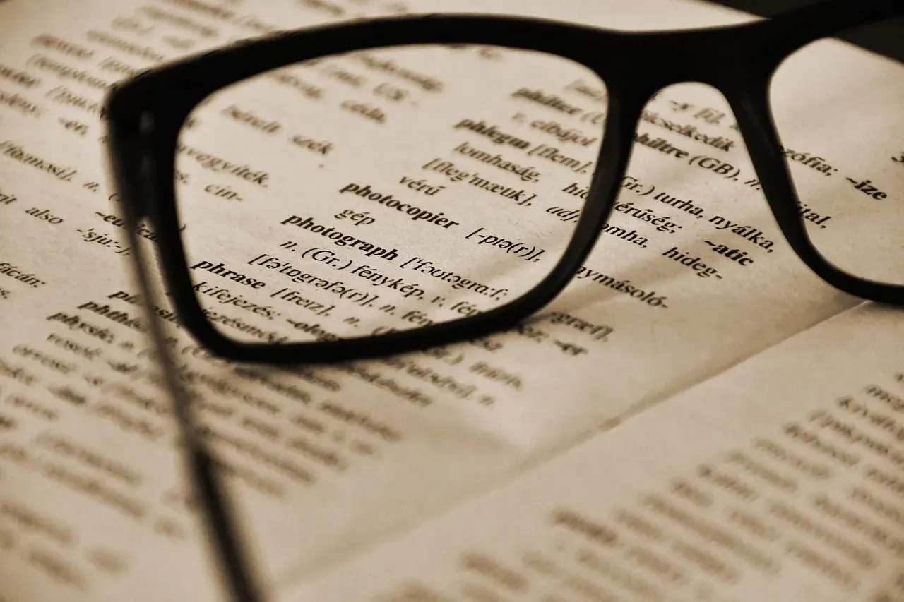Une paire de lunettes à monture noire posée sur la page ouverte d'un dictionnaire.