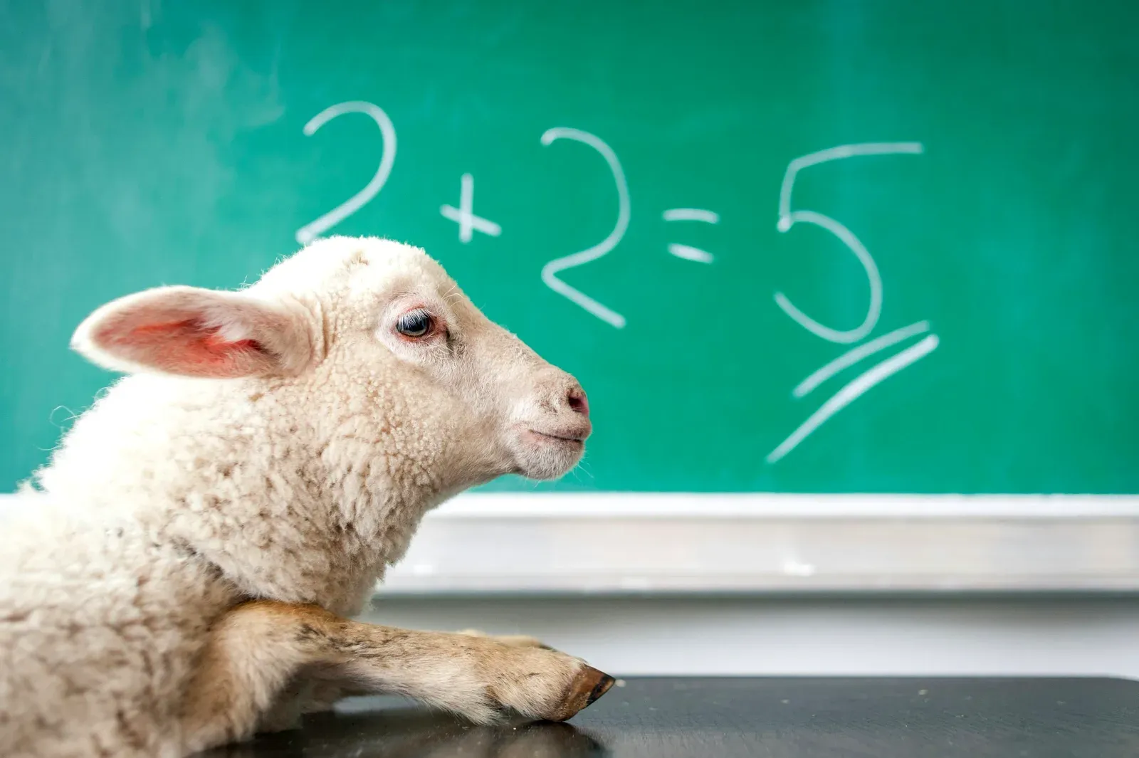 Un agneau blanc posé devant un tableau vert sur lequel est inscrit un calcul mathématique en écriture maladroite.